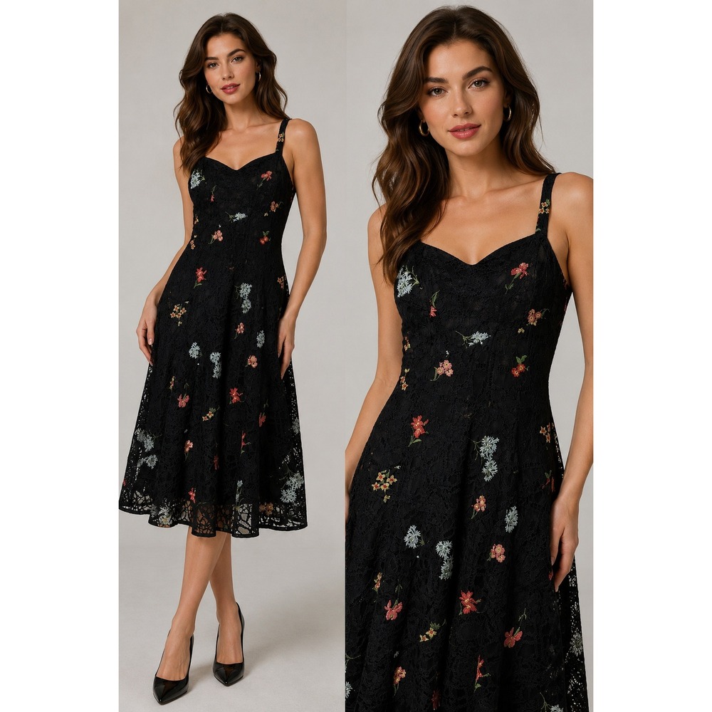 Alex Marie Black Lace Floral Embroidered Fit & Flare Pin Up‎ Midi Dress Size 4
